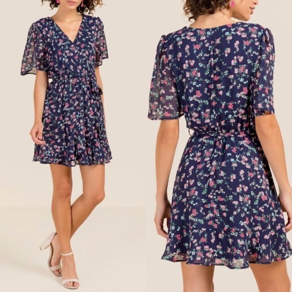 Francesca's Miami Blue Flutter Short Sleeve Floral Faux Wrap Mini Dress Navy XS